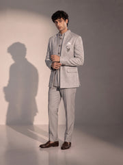 Light grey textured jodhpuri indowestern suit for men - three-quarter view