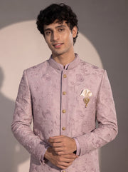 Light purple indowestern close-up showing floral embroidery, mandarin collar and gold buttons