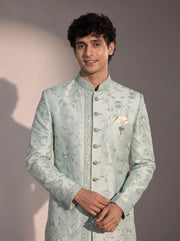 Mint embroidered silk indowestern for men - close-up of collar and embroidery