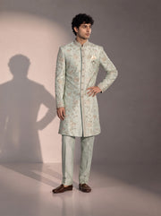 Mint embroidered silk indowestern for men - front view