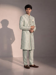 Mint embroidered silk indowestern for men - three-quarter view