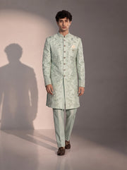 Mint embroidered silk indowestern for men - full look
