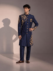 Navy blue embroidered silk indowestern for men with matching trouser - front view