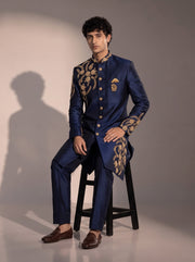 Navy blue embroidered silk indowestern for men - seated pose