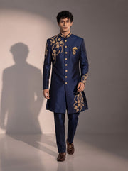 Men's navy blue indowestern with gold zardozi embroidery for wedding and reception