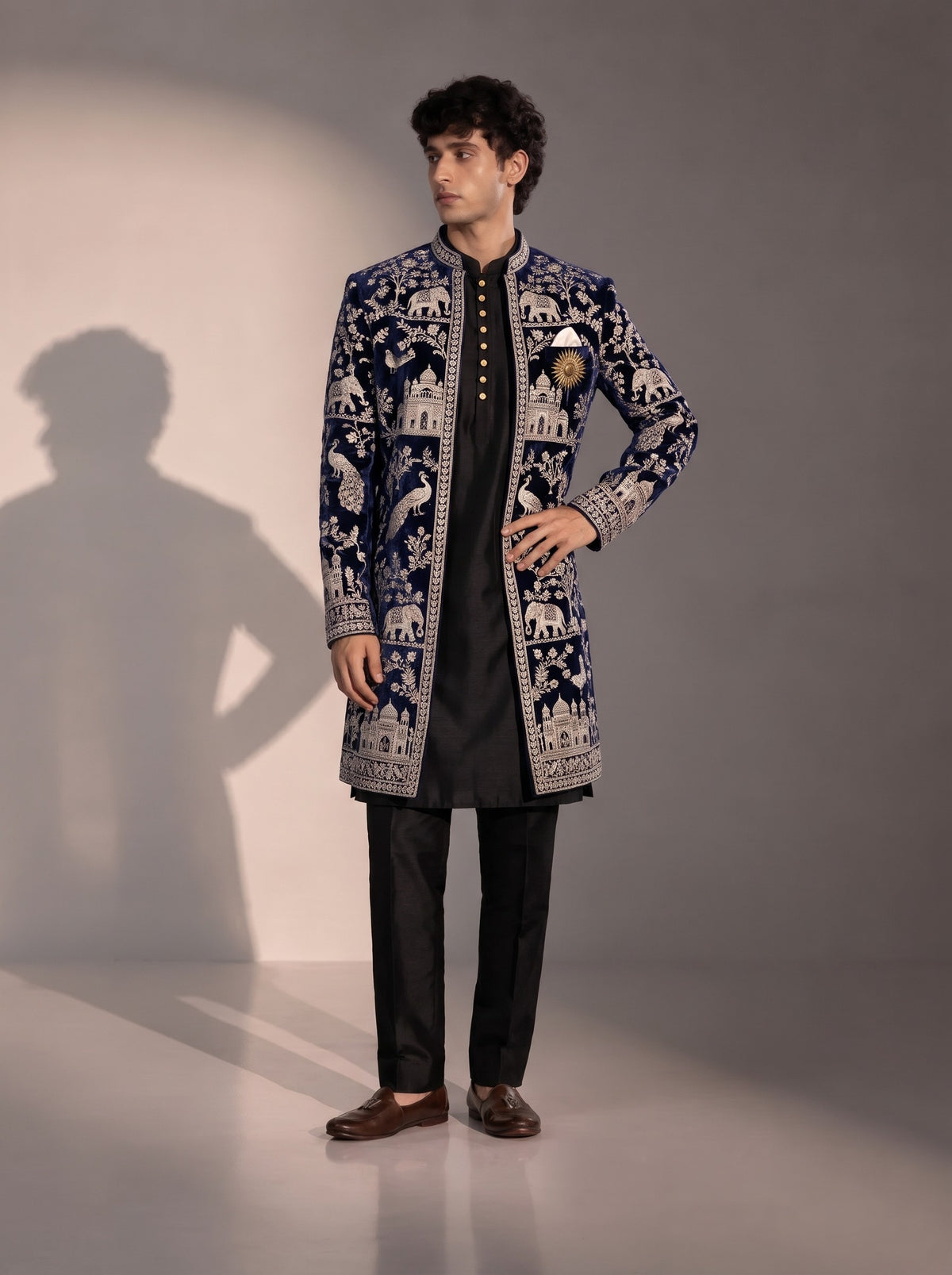 Navy Blue Heritage Embroidered Silk Indowestern For Men