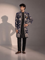 Navy blue heritage embroidered silk indowestern for men - front view