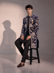 Navy blue heritage embroidered silk indowestern for men - seated pose