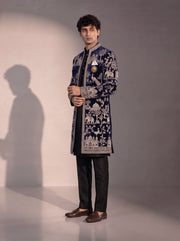 Navy blue heritage embroidered silk indowestern for men - three-quarter view