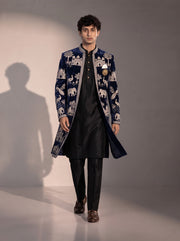 Navy blue heritage embroidered silk indowestern for men - full look