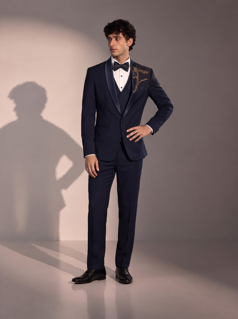 Navy Blue Stag Embellished Tuxedo Suit For Men