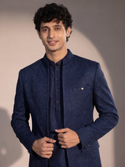 Navy blue textured jodhpuri indowestern suit for men - close-up of collar and embroidery