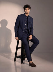 Navy blue textured jodhpuri indowestern suit for men - seated pose