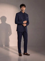 Navy blue textured jodhpuri indowestern suit for men - three-quarter view