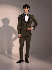 Olive floral embellished tuxedo suit for men - front view