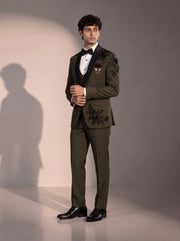 Olive floral embellished tuxedo suit for men - three-quarter view