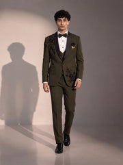 Olive floral embellished tuxedo suit for men - full look