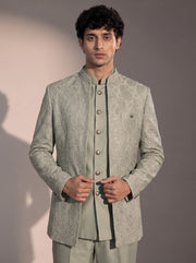 Pista paisley jodhpuri indowestern suit for men - close-up of collar and embroidery