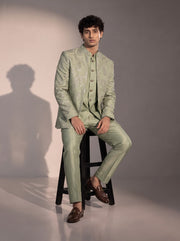 Pista paisley jodhpuri indowestern suit for men - seated pose