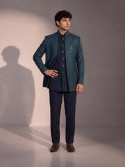 Rama green paisley jodhpuri indowestern suit for men - front view