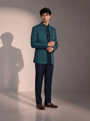 Rama green paisley jodhpuri indowestern suit for men - three-quarter view