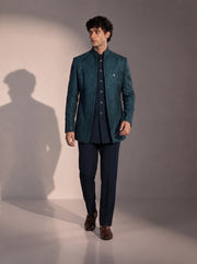 Rama green paisley jodhpuri indowestern suit for men - full look