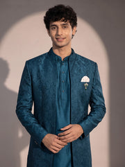 Teal blue jacquard silk indowestern for men - close-up of collar and embroidery
