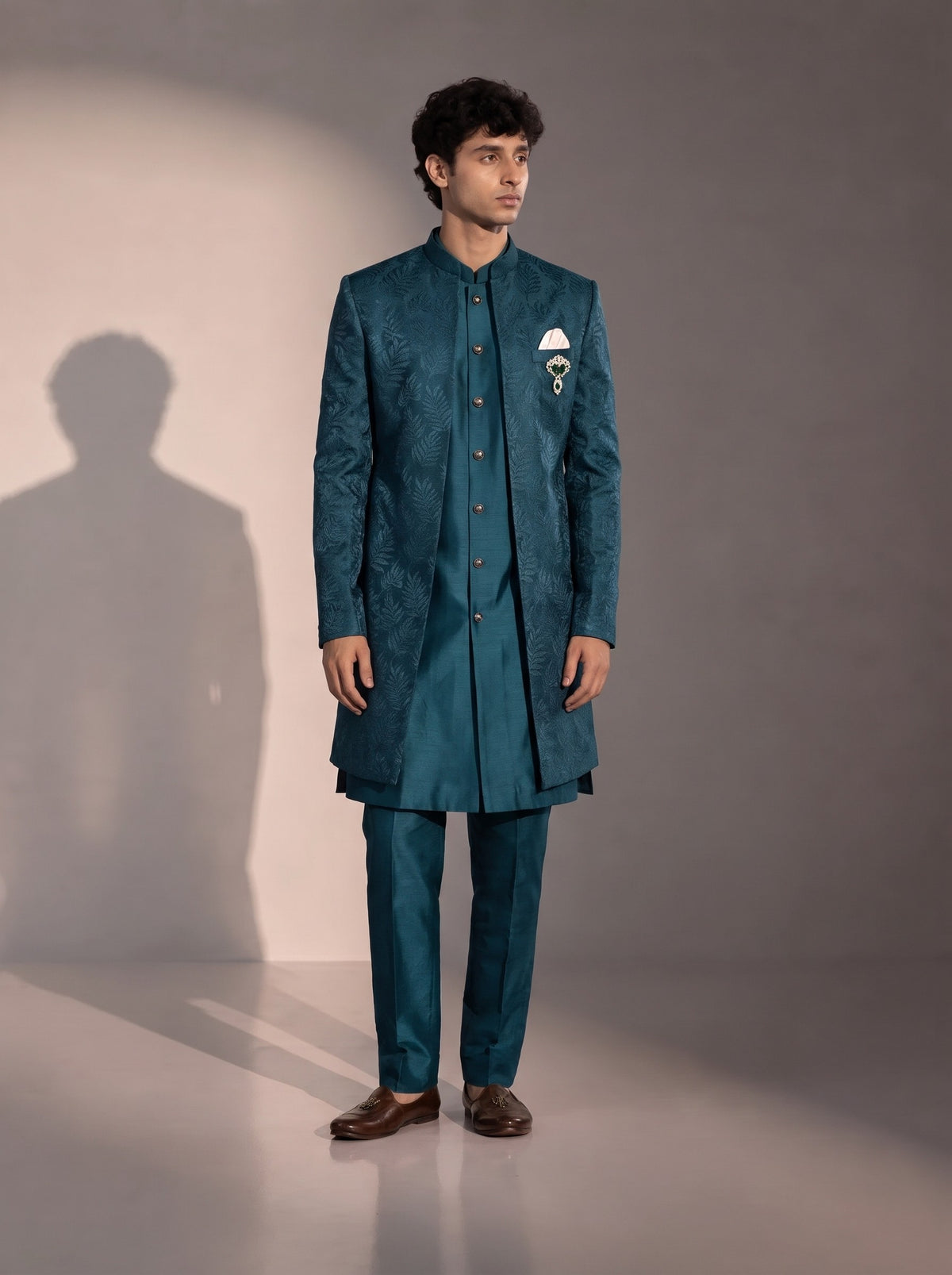Teal Blue Jacquard Silk Indowestern For Men