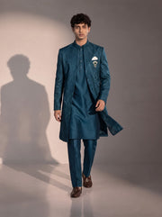 Teal blue jacquard silk indowestern for men - full look