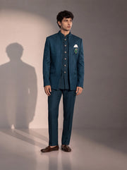 Teal blue textured jodhpuri indowestern suit for men - front view