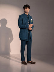 Teal blue textured jodhpuri indowestern suit for men - three-quarter view