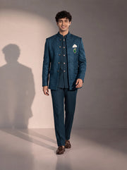 Teal blue textured jodhpuri indowestern suit for men - full look