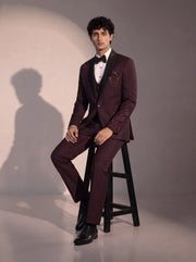 Wine floral embellished tuxedo suit for men - seated pose