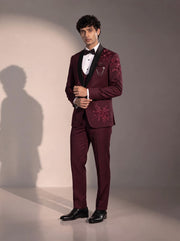 Wine floral embellished tuxedo suit for men - three-quarter view