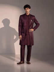 Wine jacquard silk indowestern for men - front view