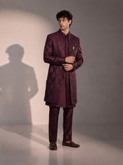 Wine jacquard silk indowestern for men - three-quarter view