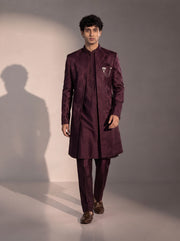 Wine jacquard silk indowestern for men - full look