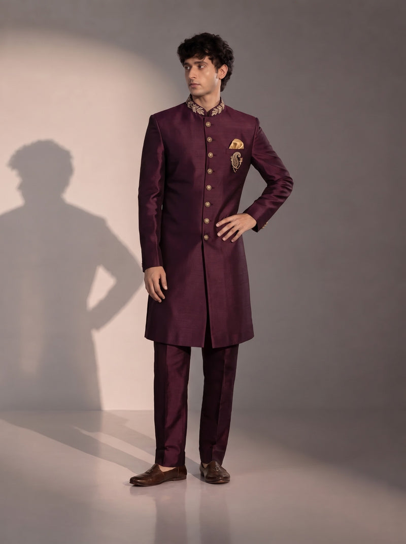 Wine Silk Indowestern For Men